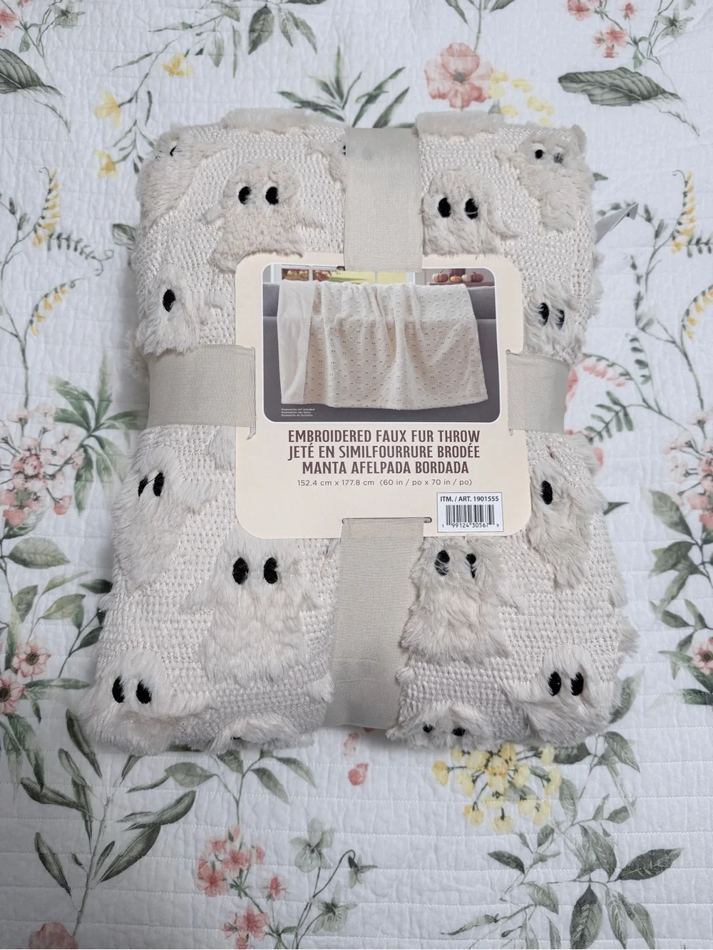 Embroidered Faux Fur Throw Blanket - Cream